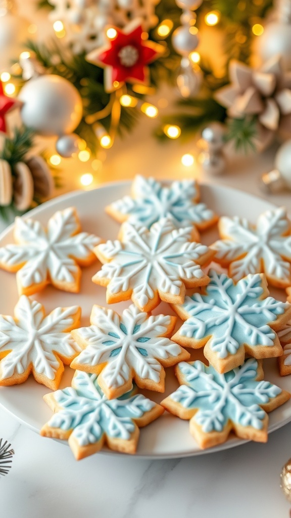 A plate of decorated snowflake cookies with white and blue icing, surrounded by holiday decorations.